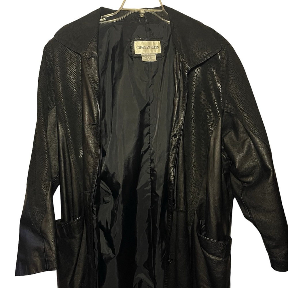 Vintage Charles Klein Leather Trench Coat Jacket 80s 90s Duster Size Large Snake
